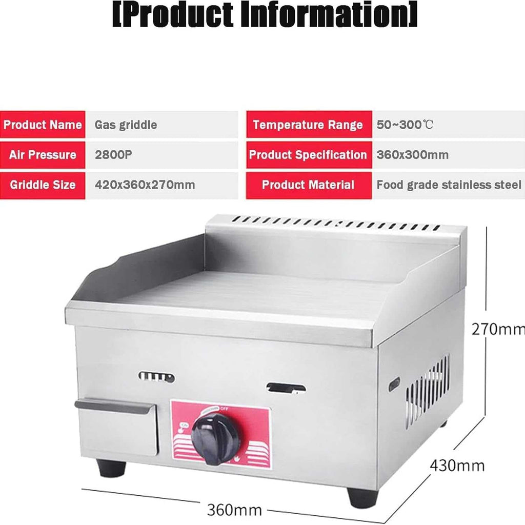 Commercial LPG Gas Griddle,Stainless Countertop Flat Top Griddle Flat Top Fry Pan,Steel Grill BBQ 36cm Large Hotplate with Temperature Control 50-300℃ and Oil Leaking Hole,for Kitchen Und Restaurant