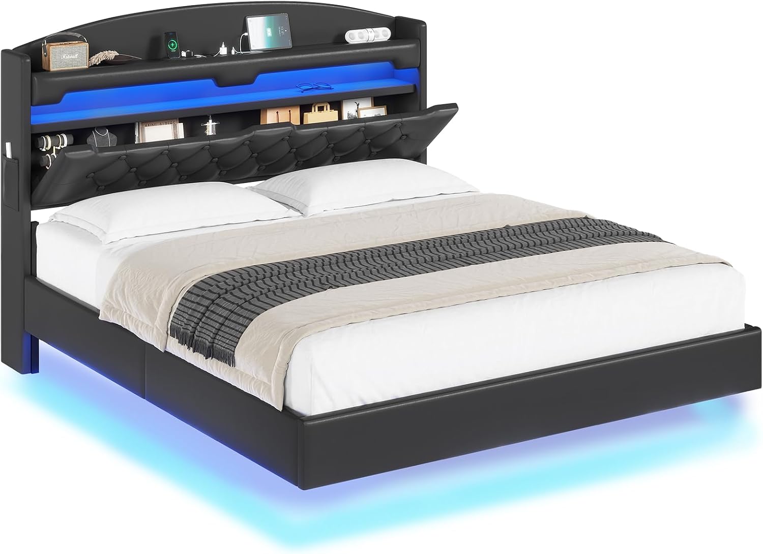 ADORNEVE Floating Bed Frame Full with Hidden Storage Headboard, Floating LED Bed Frame with Charging Station, Upholstered Leather Platform Bed with Storage, No Box Spring Needed, Black