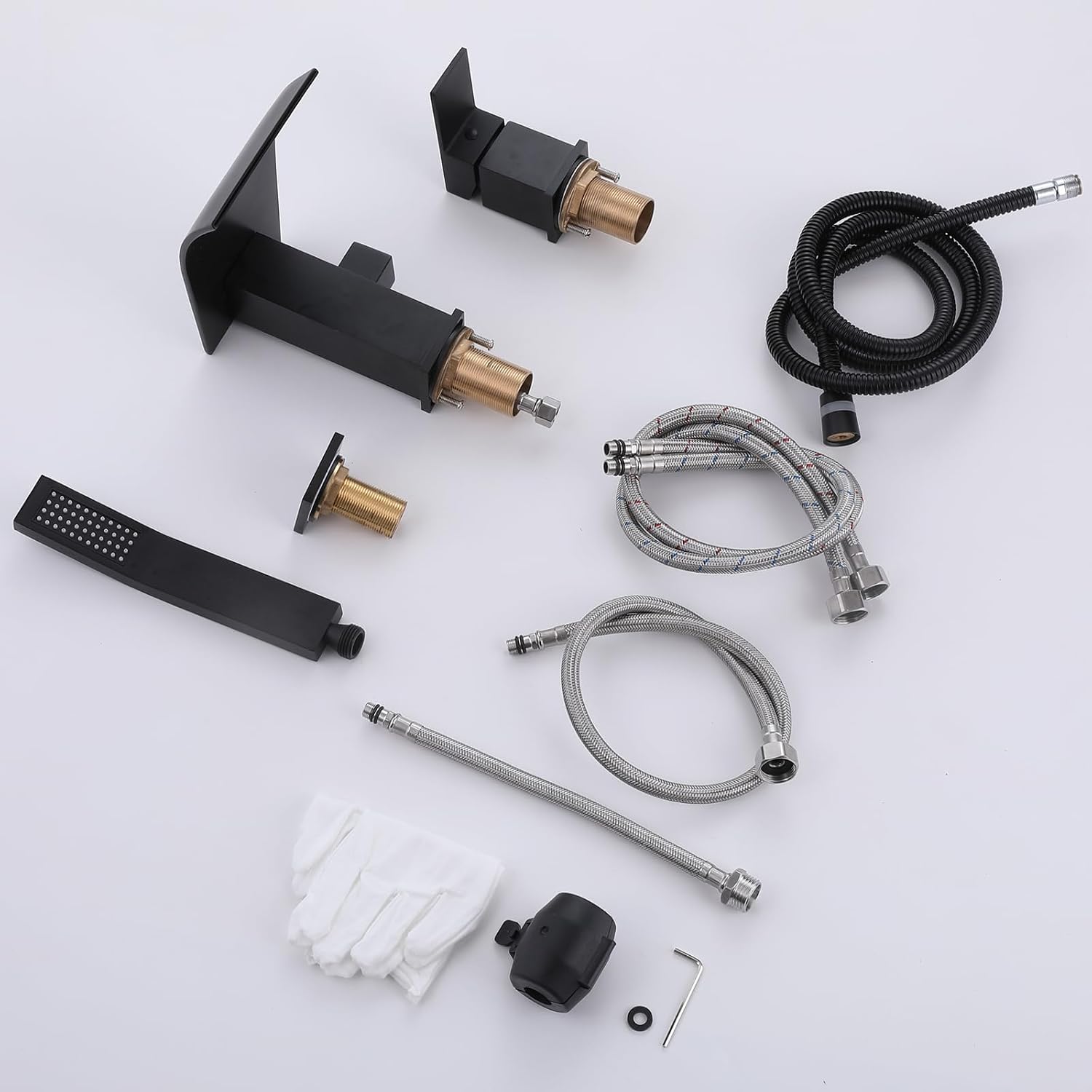 Waterfall Roman Tub Faucet with Hand Shower, Deck Mount Tub Filler Bathtub Faucet with Sprayer, Single Handle Bathtub Faucet Set, Brass Widespread 3 Hole Bathtub Shower Faucet Set Matte Black