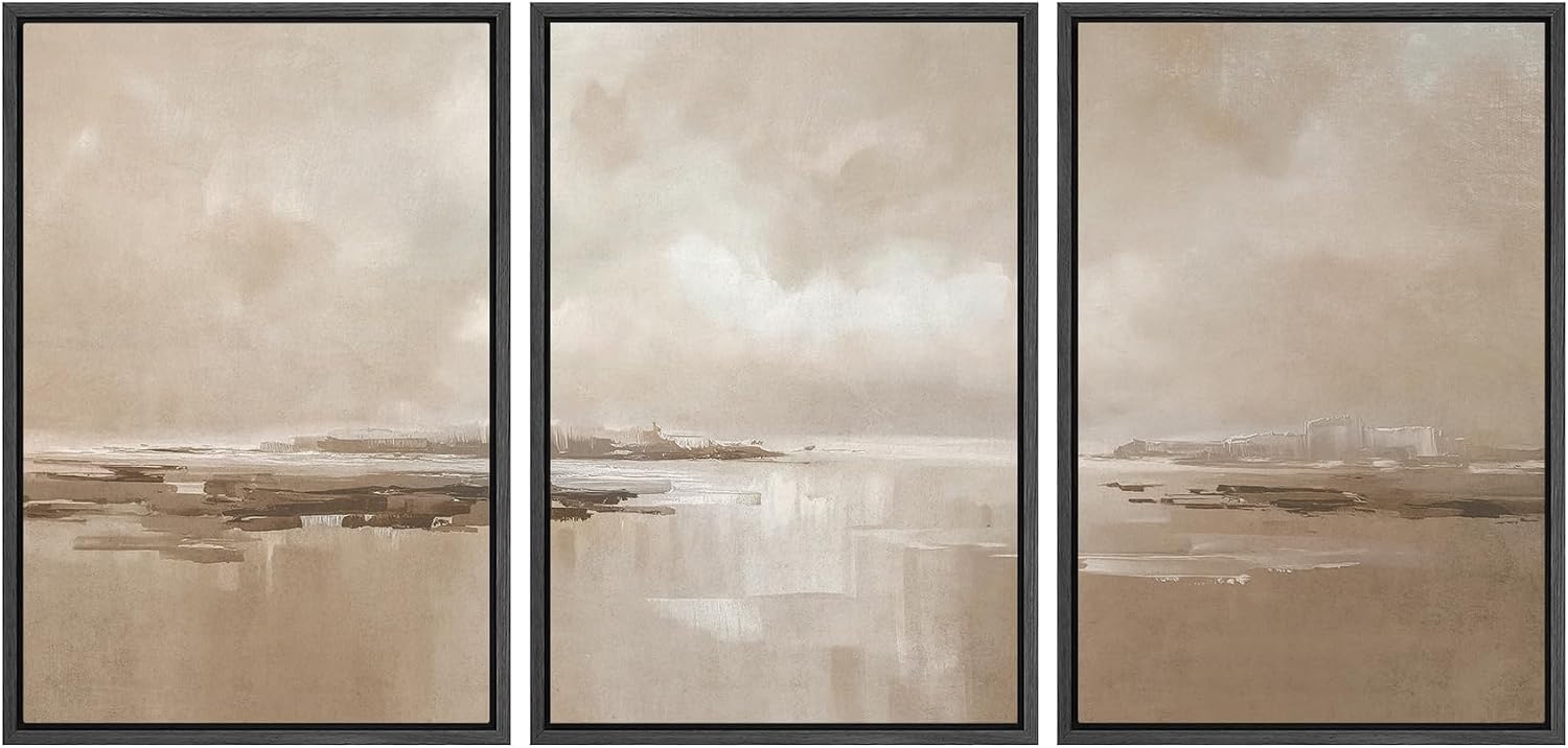 SIGNWIN Framed Canvas Print Wall Art Set Soft Coastal Landscape Neutral Beige Seascape Illustrations Modern Art Decorative Scenic Rustic for Living Room, Bedroom, Office - 24'x36'x3 Black