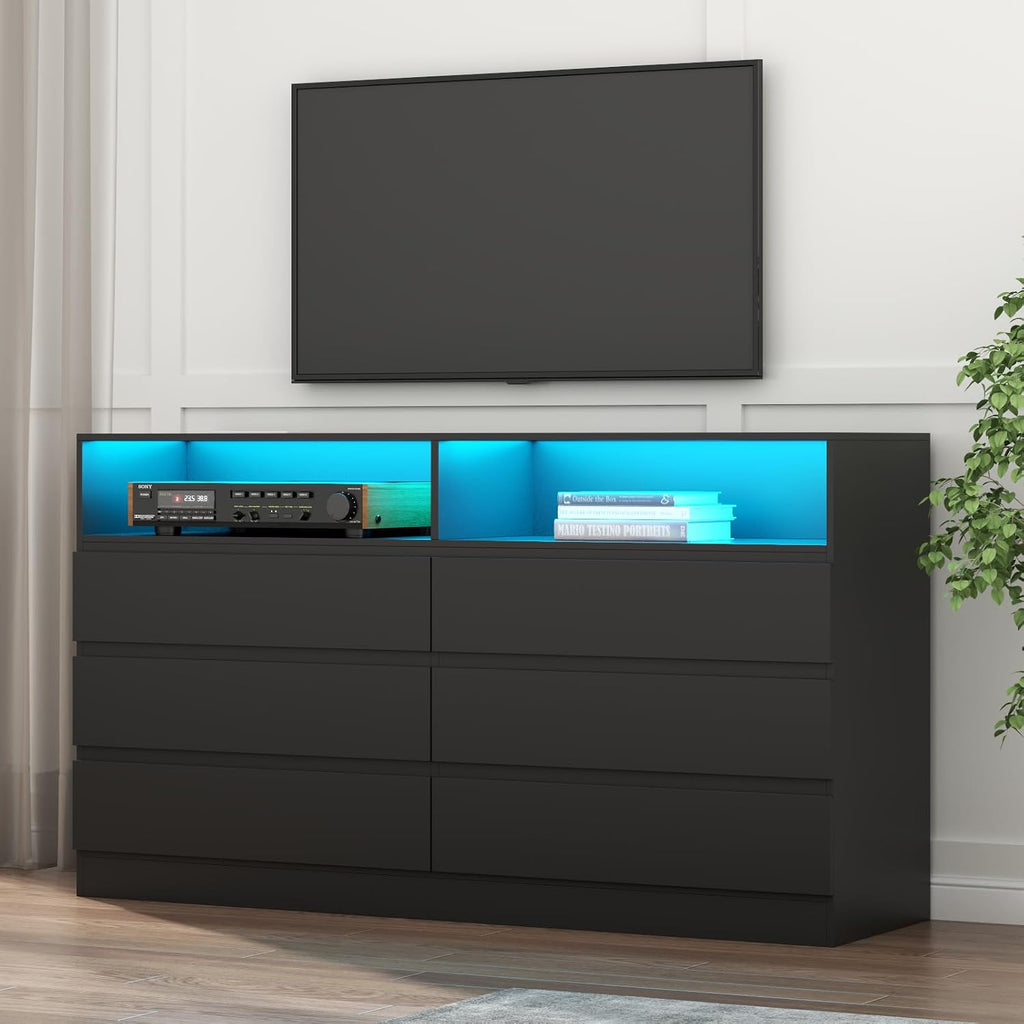 Gyfimoie 6 Drawer Double Dresser with Power Outlet, Accent Chests of Drawers with LED Light, Modern White Storage Dresser with Charging Station (Mirror Not Included)