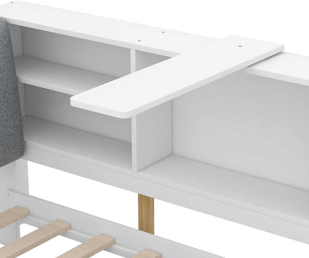 Bellemave Twin Corner Bed Frame, Captains Bedframe, Wood Twin Size Daybed with L-Shaped Bookcase and 2 Drawers，Twin Daybeds with Storage Cabinets, White