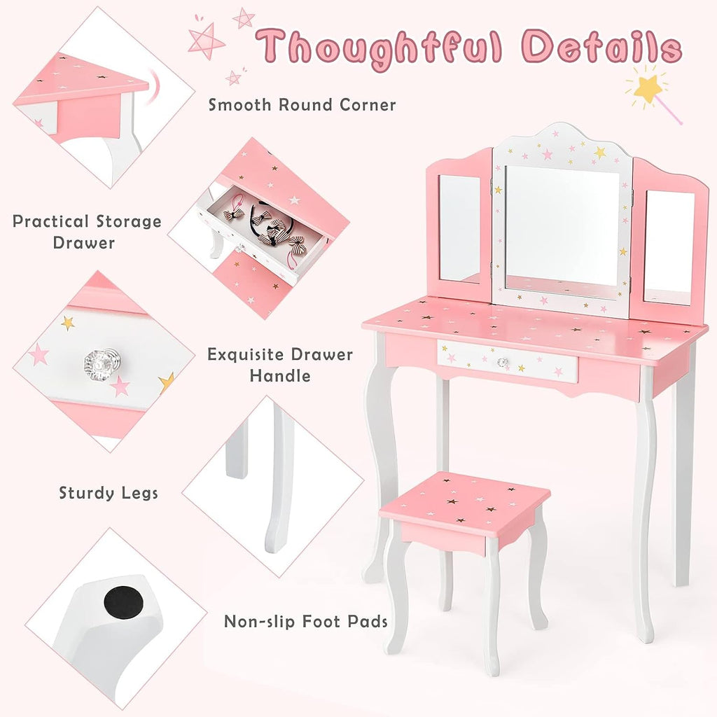 Costzon Kids Vanity & Jewelry Armoire Cabinet, Kids Makeup Vanity Table and Chair Set, Standing Jewelry Organizer with Full-Length Mirror, Kids Bedroom Furniture Set for Girls (Pink)