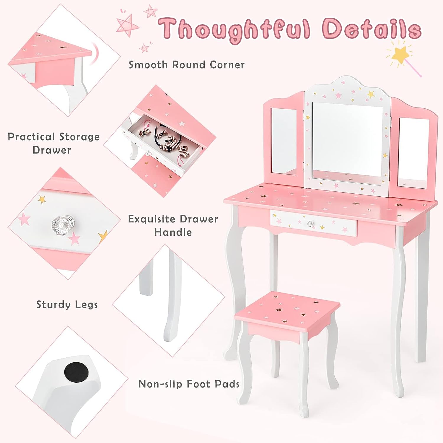 Costzon Kids Vanity & Jewelry Armoire Cabinet, Kids Makeup Vanity Table and Chair Set, Standing Jewelry Organizer with Full-Length Mirror, Kids Bedroom Furniture Set for Girls (Pink)