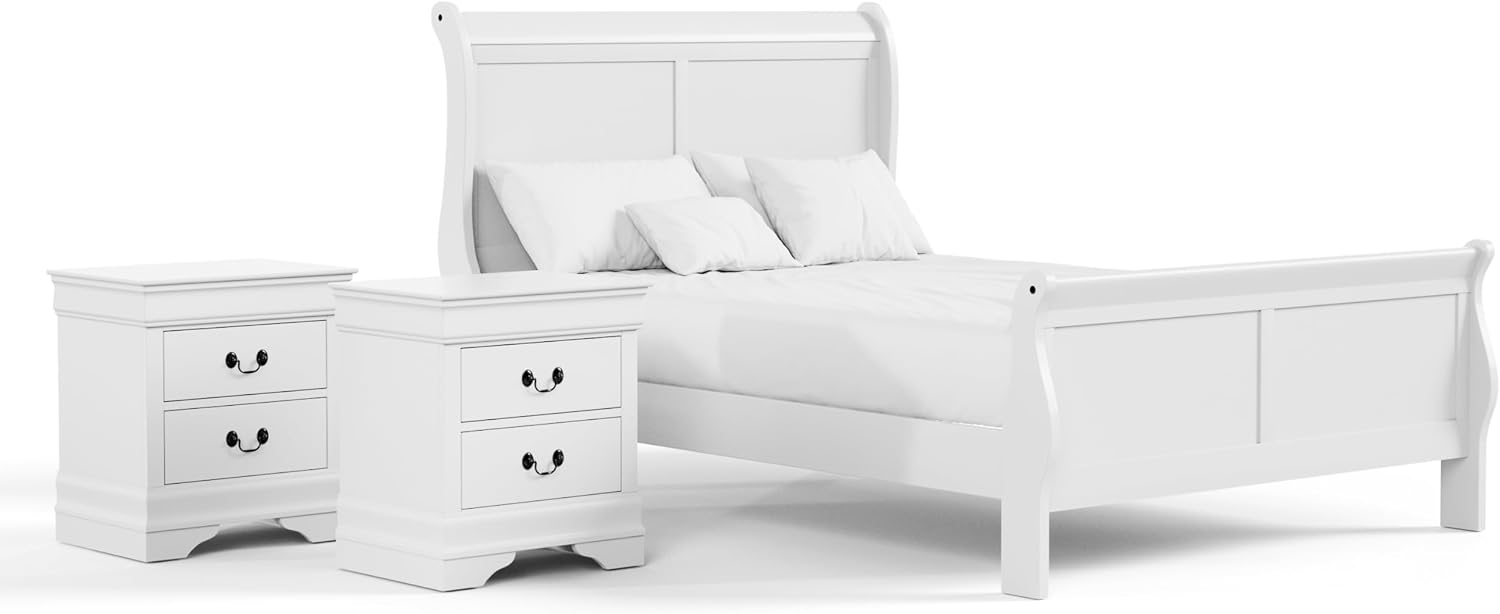 Furniture of America Arabella Traditional Solid Wood 3 Piece Bedroom Set, Full Bed Frame and Nightstands Set of 2, Chic Sleigh Design Bedframe with Headboard and Footboard, Box Spring Needed, White