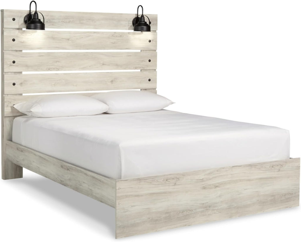 Signature Design by Ashley Cambeck Farmhouse Queen Panel Bed with LED Sconce Lights and USB Charging Ports, Open Slat Styling, Foundation or Box Spring Needed, Wood, Whitewash Finish