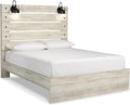 Signature Design by Ashley Cambeck Farmhouse Queen Panel Bed with LED Sconce Lights and USB Charging Ports, Open Slat Styling, Foundation or Box Spring Needed, Wood, Whitewash Finish