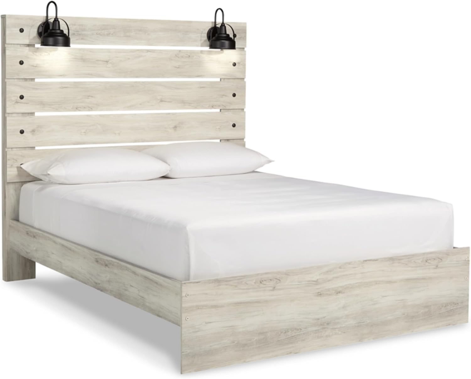 Signature Design by Ashley Cambeck Farmhouse Queen Panel Bed with LED Sconce Lights and USB Charging Ports, Open Slat Styling, Foundation or Box Spring Needed, Wood, Whitewash Finish