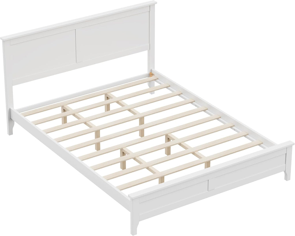 Queen Size Wood Bed Frame and Headboard, Modern Retro White Platform Beds Frames, Sturdy and Durable Design Rustic Wooden Bedroom Set, Easy Assembly, No Box Spring Needed (White, Queen)