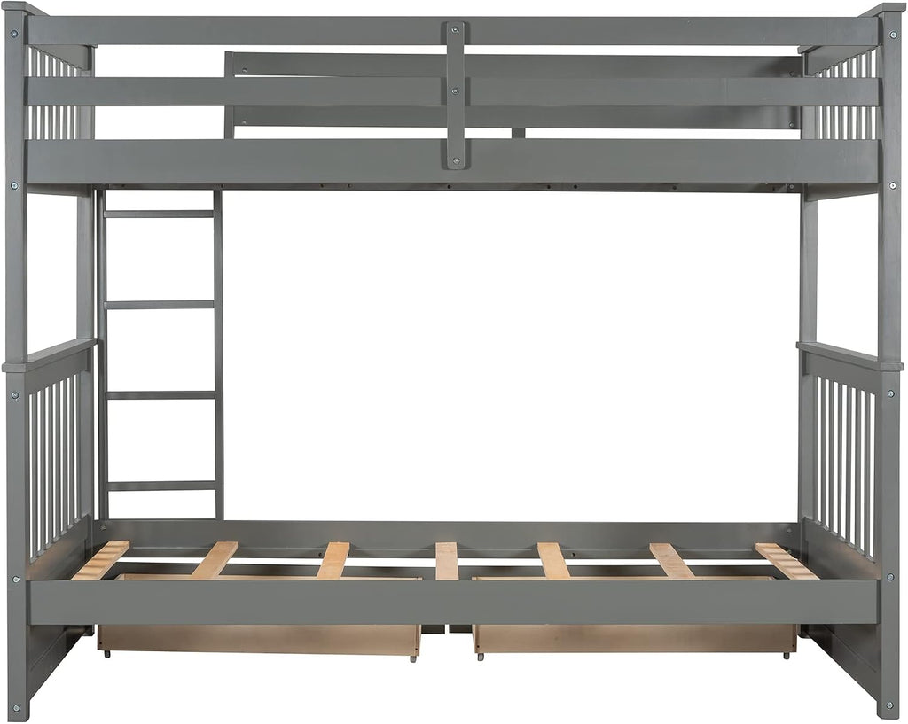 Harper & Bright Designs Twin-Over-Twin Bunk Bed with Two Storage Drawers, Solid Wood Twin Size Bunk Bed with Guardrial and Removble Ladder, Can be Converted Into 2 Separate Beds, Grey