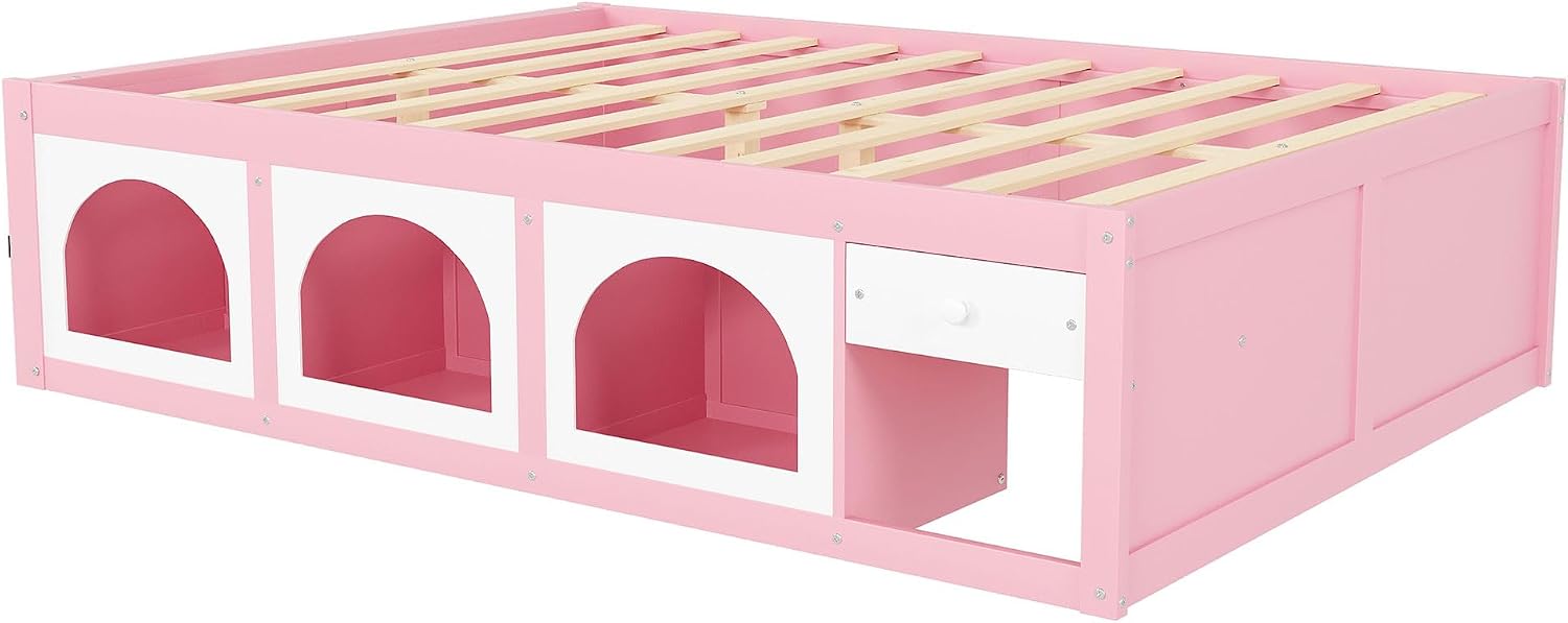 Bellemave Queen Size Kids Bed with Display Cabinet, LED Light and Drawer, Wood Queen Platform Bed with Bookshelf, BedFrames for Kids, Adults, Pink+White