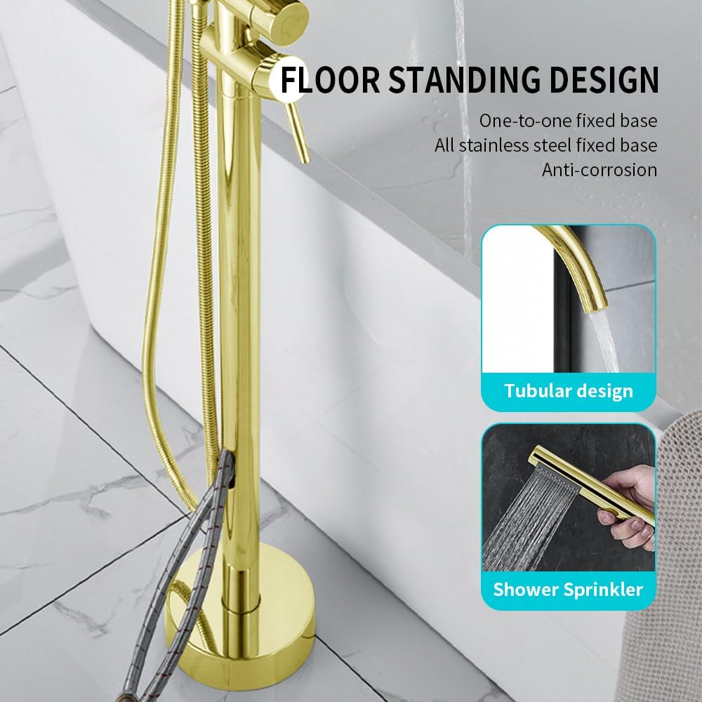 Floor Mount Bathtub Faucet, Freestanding Tub Filler, Standing Swivel Spout Shower Faucets Shower Mixer Taps with Cylinder Handheld Shower (Brushed Gold, With Embedded Box)