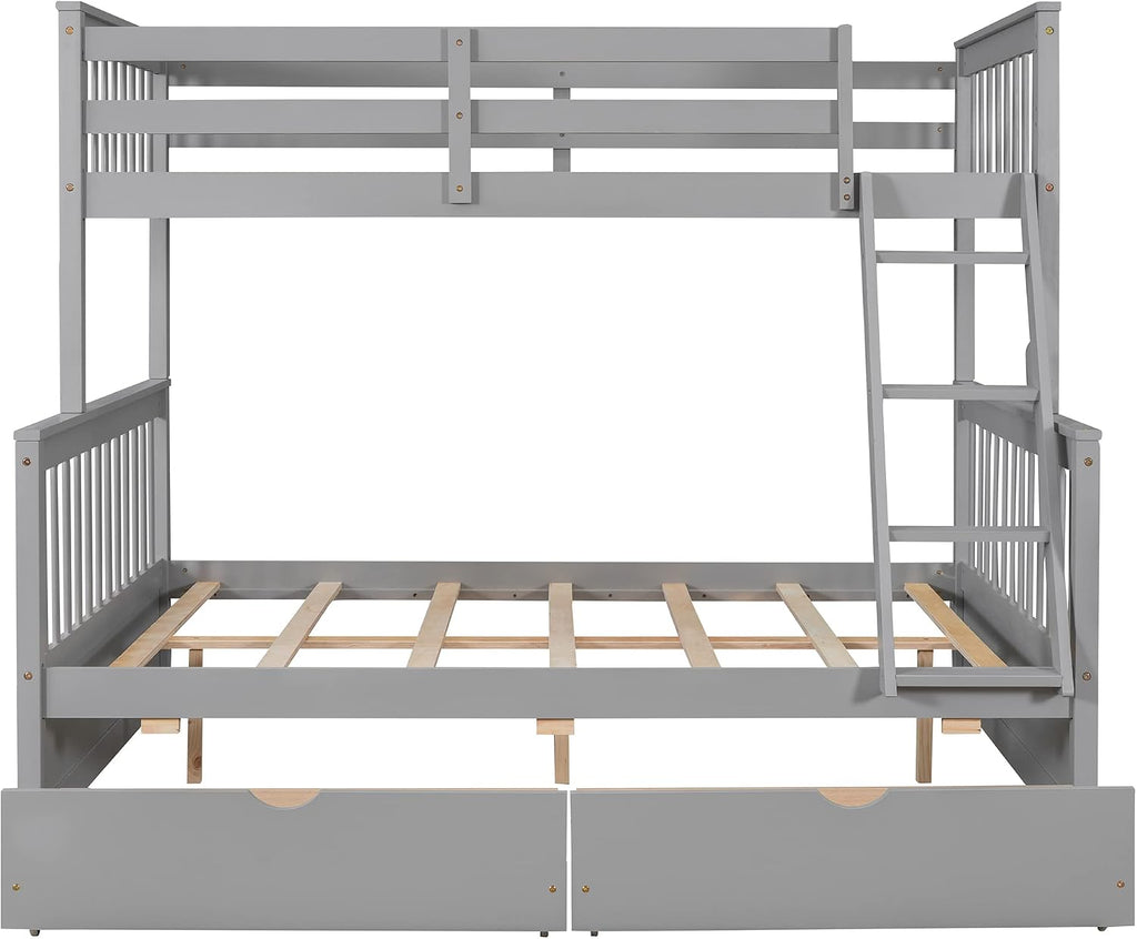 Harper & Bright Designs Twin Over Full Bunk Bed with Two Storage Drawers, Guardrails and Ladder, Solid Wood Bunk Bed Convertible to 2 Separated beds (Grey)
