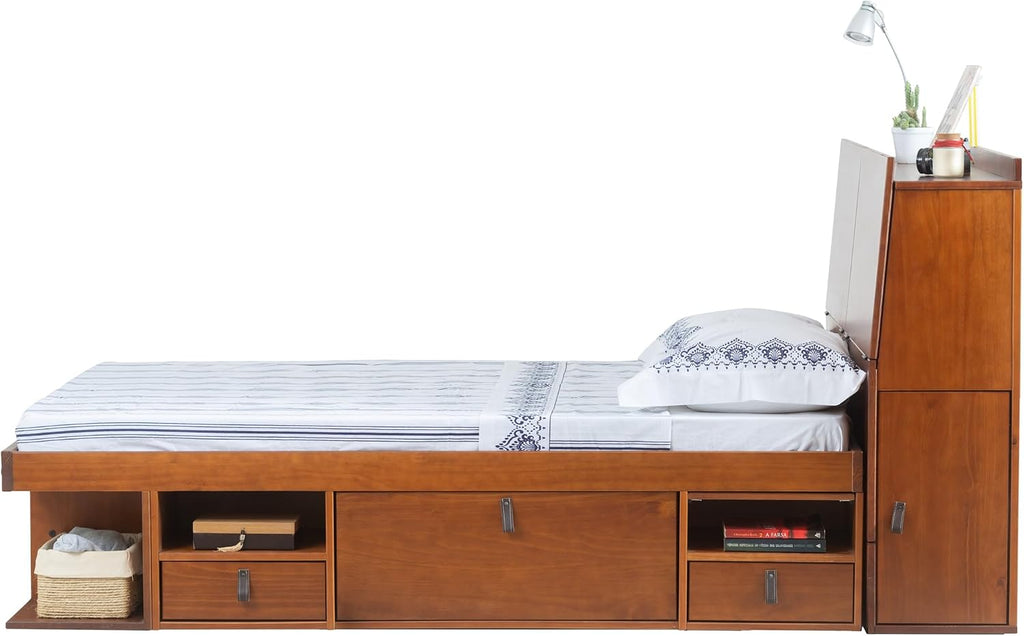 memomad Bali Set: Storage Platform Bed with Drawers + Bookcase Headboard (Full Size, Caramel Brown Wood)