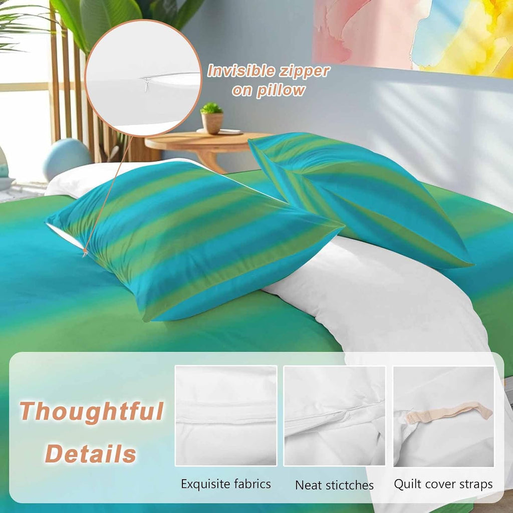 Blue Green Gradient Duvet Cover Set Queen Size 4 Pieces Color Striped Ombre Modern Minimalist Art Bedding Set with Zipper Closure, 1 Comforter Cover 90x92 Inches 1 Flat Sheet & 2 Pillow Cases