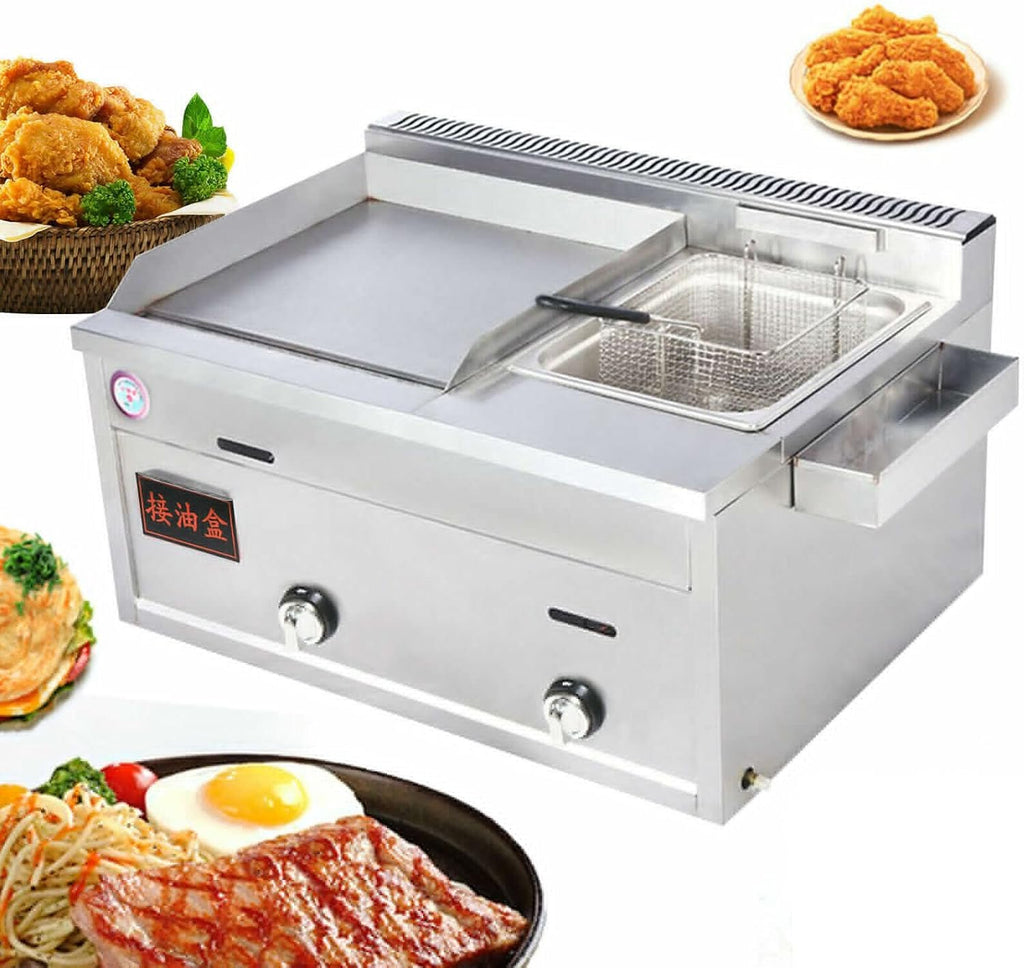 Commercial Gas Grill Griddle Combo - Stainless Steel Propane Flat Top Grill with Deep Fryer, 27Inch Multi-Function Restaurant Equipment