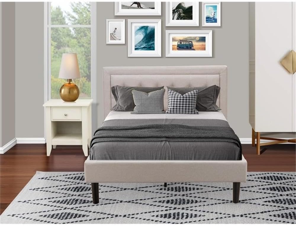 East West Furniture FN08F-1GA0C 2-Pc Fannin Bed Set with 1 Platform Bed and a Night Stand for Bedrooms - Reliable and Durable Manufacturing - Mist Beige Linen Fabric