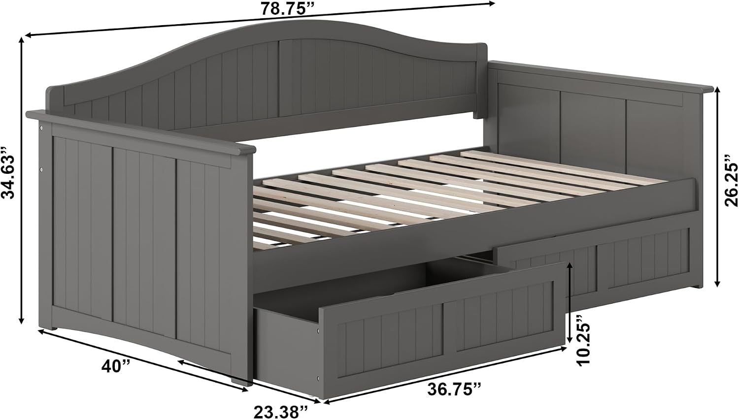AFI, Nantucket Twin Size Wood Daybed Frame with 2 Storage Drawers, Grey