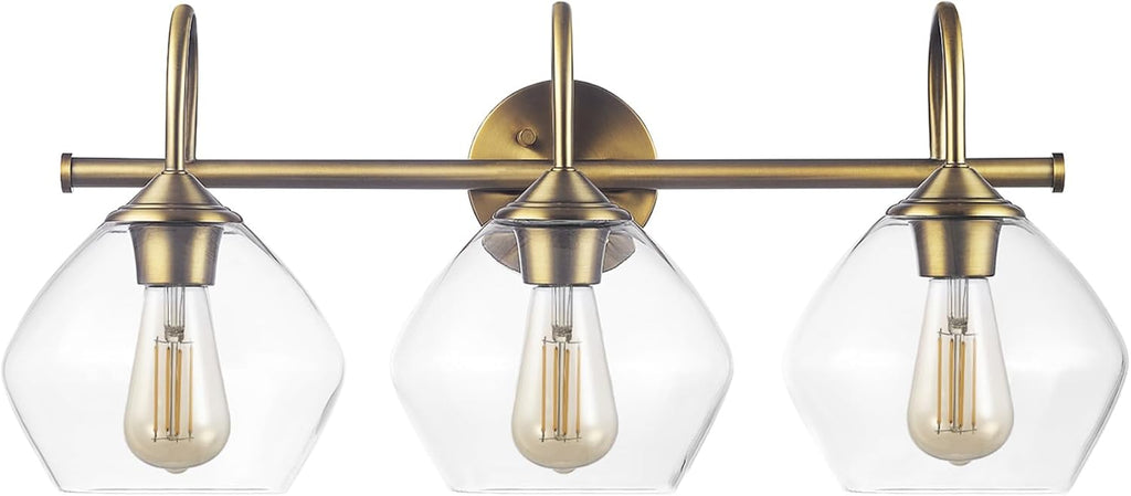 Globe Electric 63000103 26' 3-Light Vanity Fixture, Brass Finish, Clear Glass Shades, Beauty Room Accessories, Bathroom Lighting Over Mirror, Makeup Lights, Wall Light, Home Essentials, House Décor