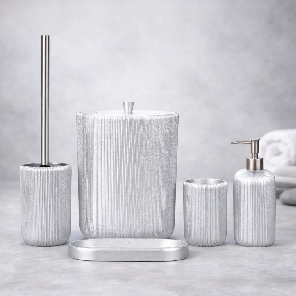 Lydia Collection 5-Piece Resin Bathroom Accessories Set – Toilet Brush Holder, Waste Bin, Soap Dispenser, Tray & Toothbrush Holder (Silver)