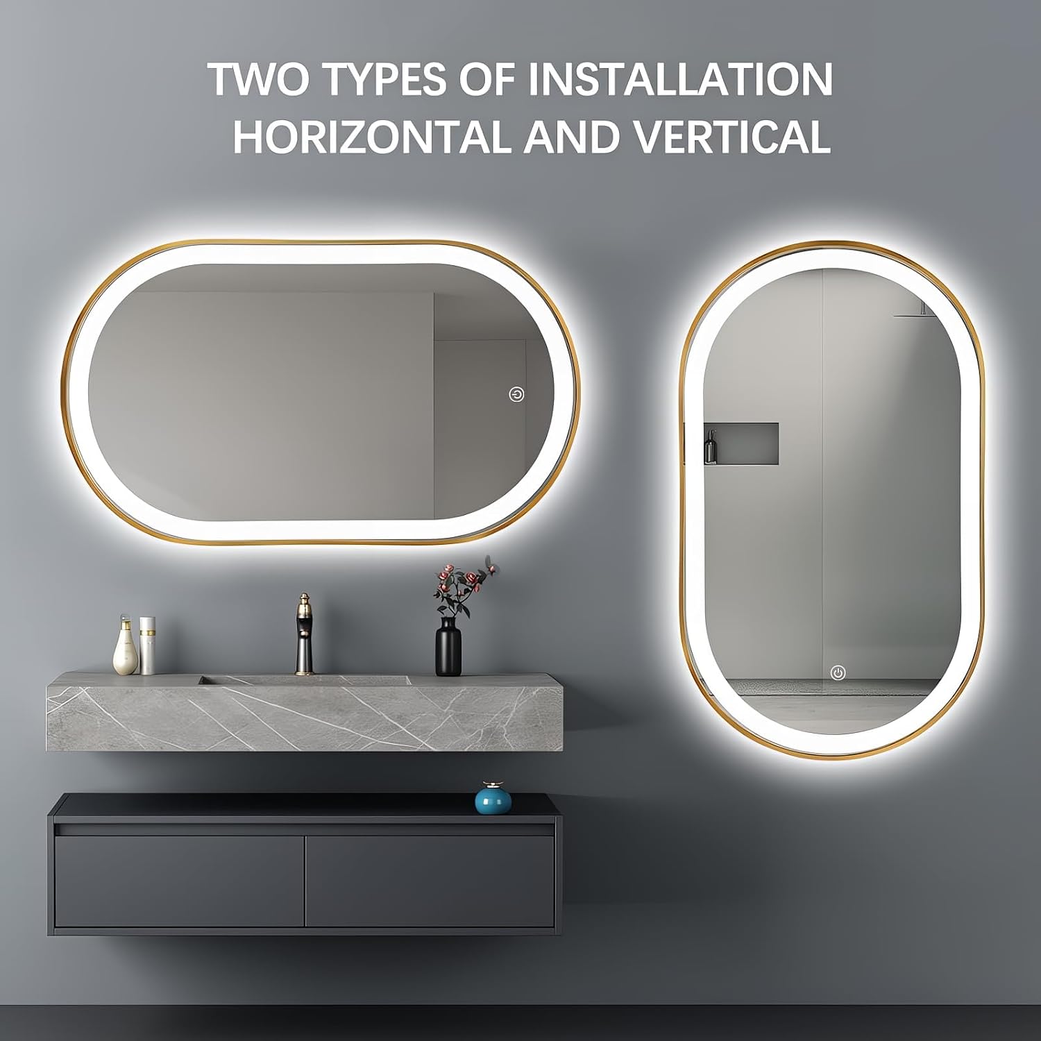 40'x24' Oval LED Bathroom Mirror with Lights, Gold Anti Fog Lighted Vanity Mirror Wall Mounted, LED Oval Mirror with 3 Colors, Memory, ShatterProof, Front/Backlit, Horizontal/Vertical