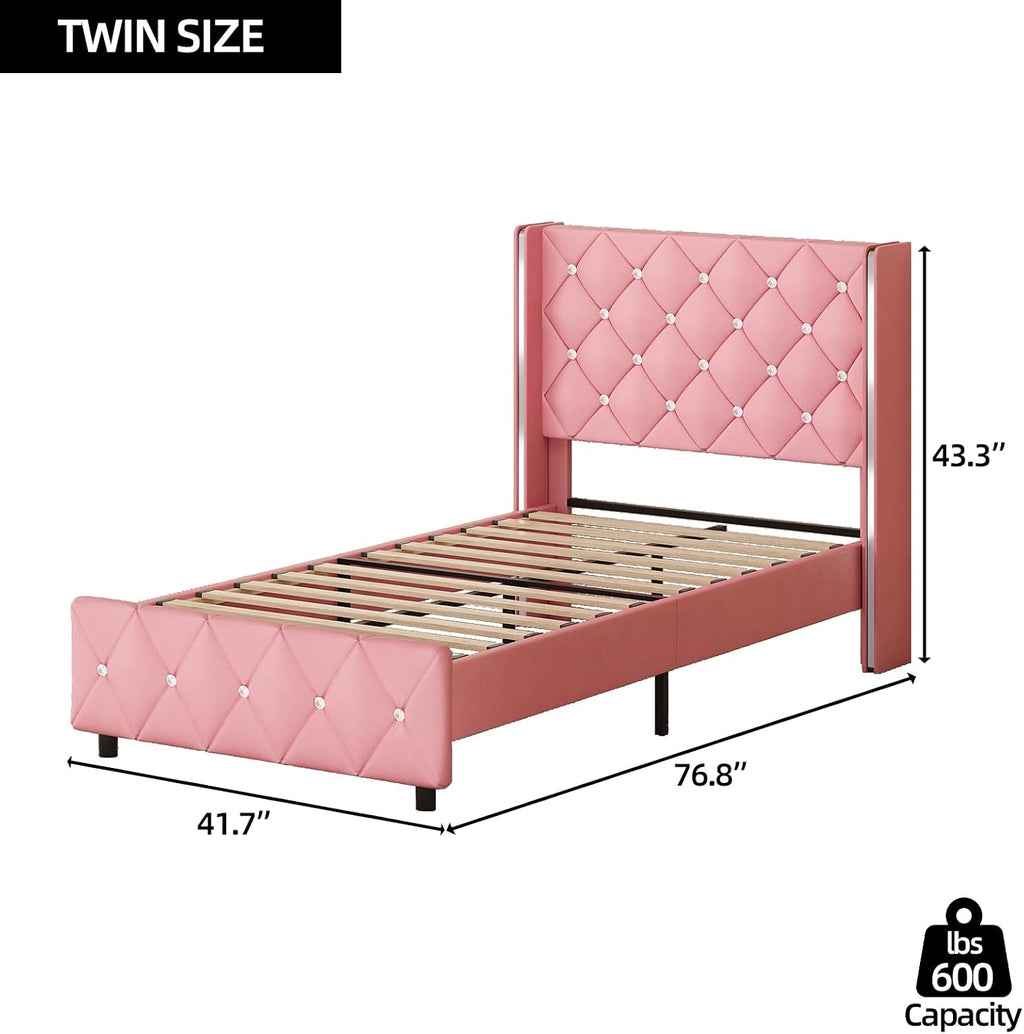 HOMBCK Twin Bed Frame with Headboard, Faux Leather Upholstered Bed with Diamond Tufted Design, Girls' Twin Bed Frames for Kids, No Box Spring Required, Easy Assembly, Pink
