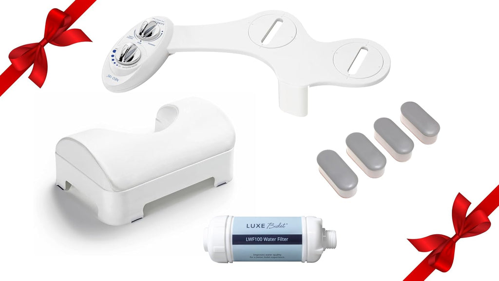 LUXE Bidet NEO 185 White Bidet Attachment, Comfort Soft Footstool, Toilet Seat Bumpers, and Water Filter Gift Set