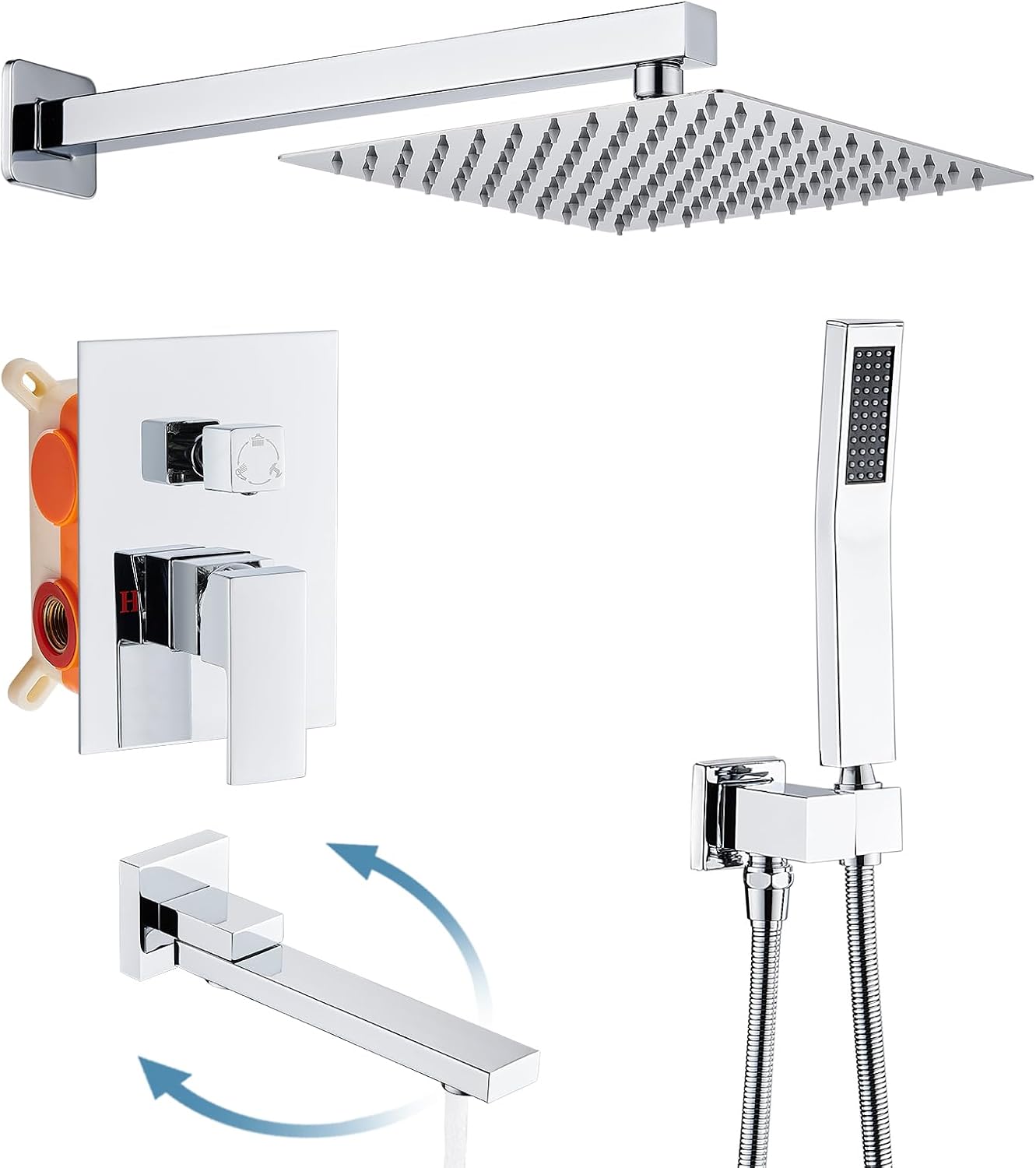 AVSIILE Shower Faucet Set with Tub Spout, Chrome Rain Shower Mixer Valve and Trim Kit System with Base Complete, Rainfall Modern Shower Head and Handheld Handle Set Combo for Bathroom, 10 Inch