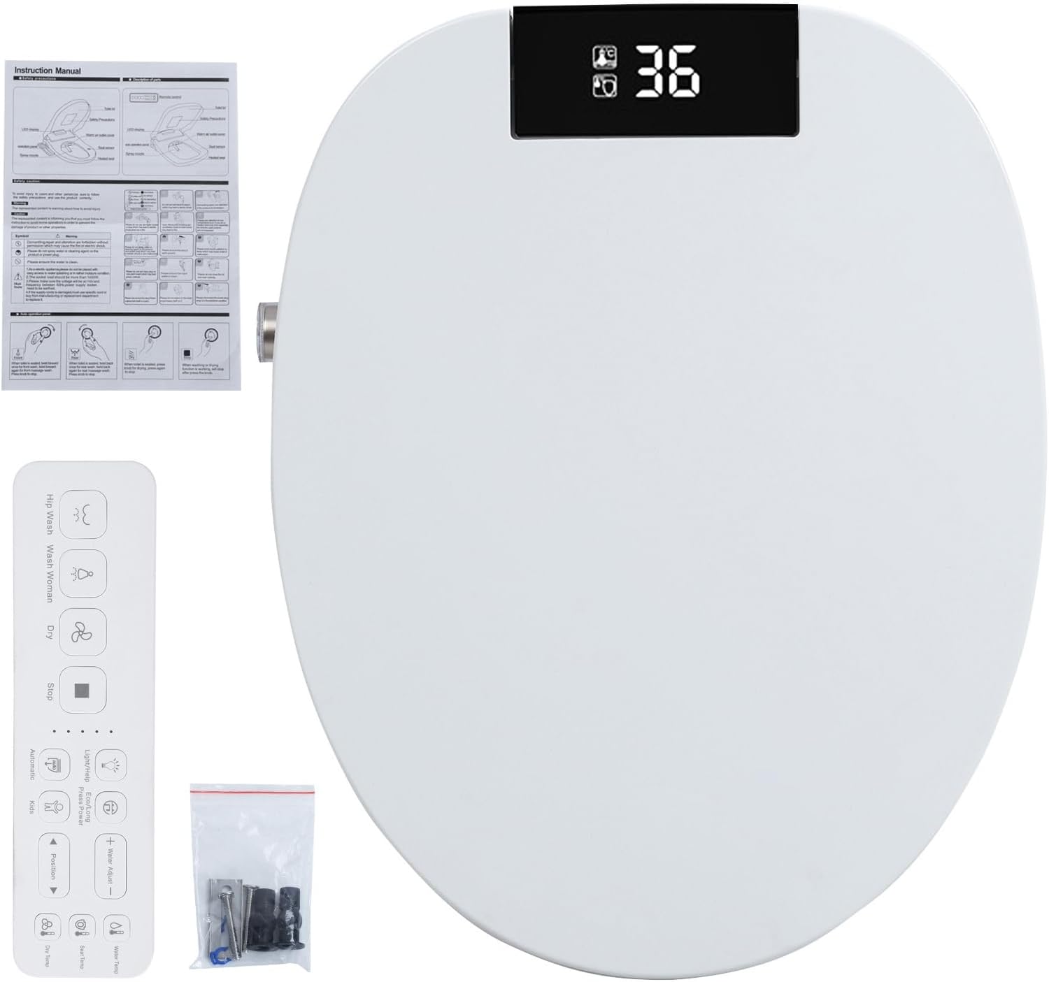 Electric Bidet Toilet Seat, Bidet Attachment for Toilet, Elongated Heated Toilet Seat with Instant Warm Water & Dryer, Self-Clean Nozzle, Automatic Flip Cover US Plug