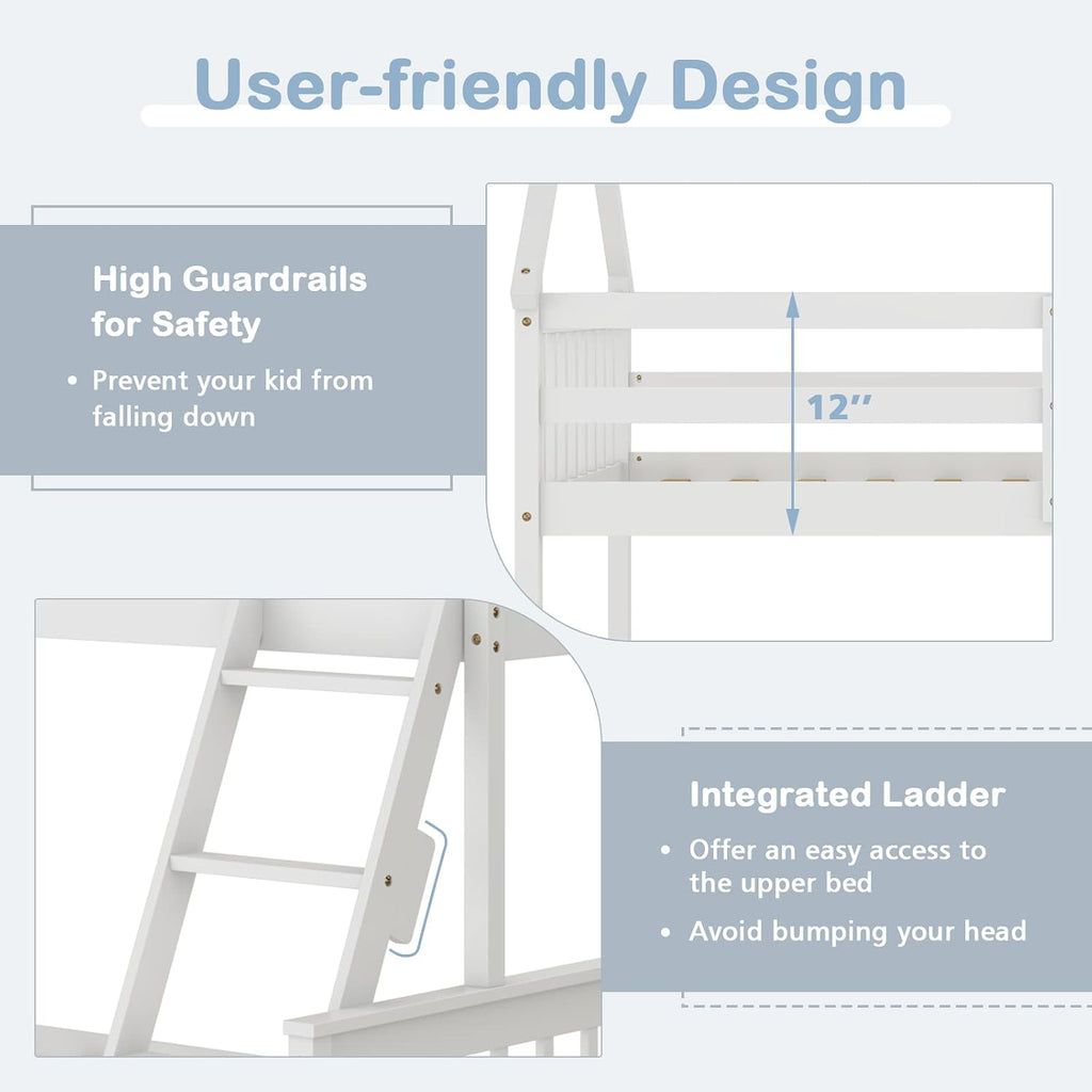 KOMFOTT Wood Twin Over Full House Bunk Bed with Built in Ladder, Solid Pine Wood Bunk Bed Frame with Safety Guardrails, House Bunk Bed Frame for Kids, Teens, Juniors, No Box Spring Needed (White)