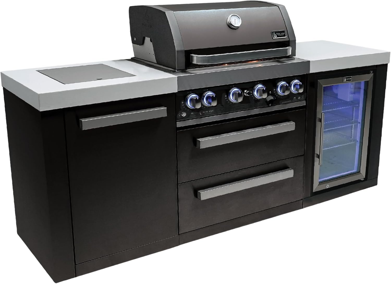 Mont Alpi 82'W x 23'D x 46'H Black Stainless Steel Outdoor Kitchen Island with Refrigerator + 32'W 4-Burner BBQ Grill + Granite Countertops + Storage Cabinets + Chopping Board + Rotisserie Kit + Cover