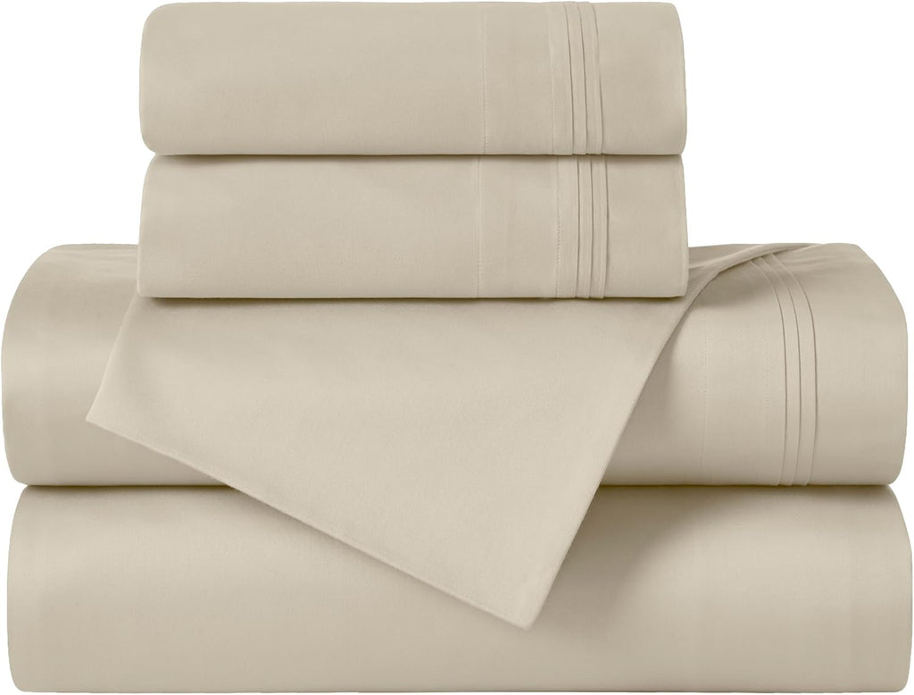 Superior Egyptian Cotton 4 Piece Sheet Set, 650 Thread Count, Modern Design, Sustainable Sheets, Ultra-Soft Basics, Solid, Deep Pocket Fitted Sheet, Flat Sheet, Pillowcases, King, Ivory