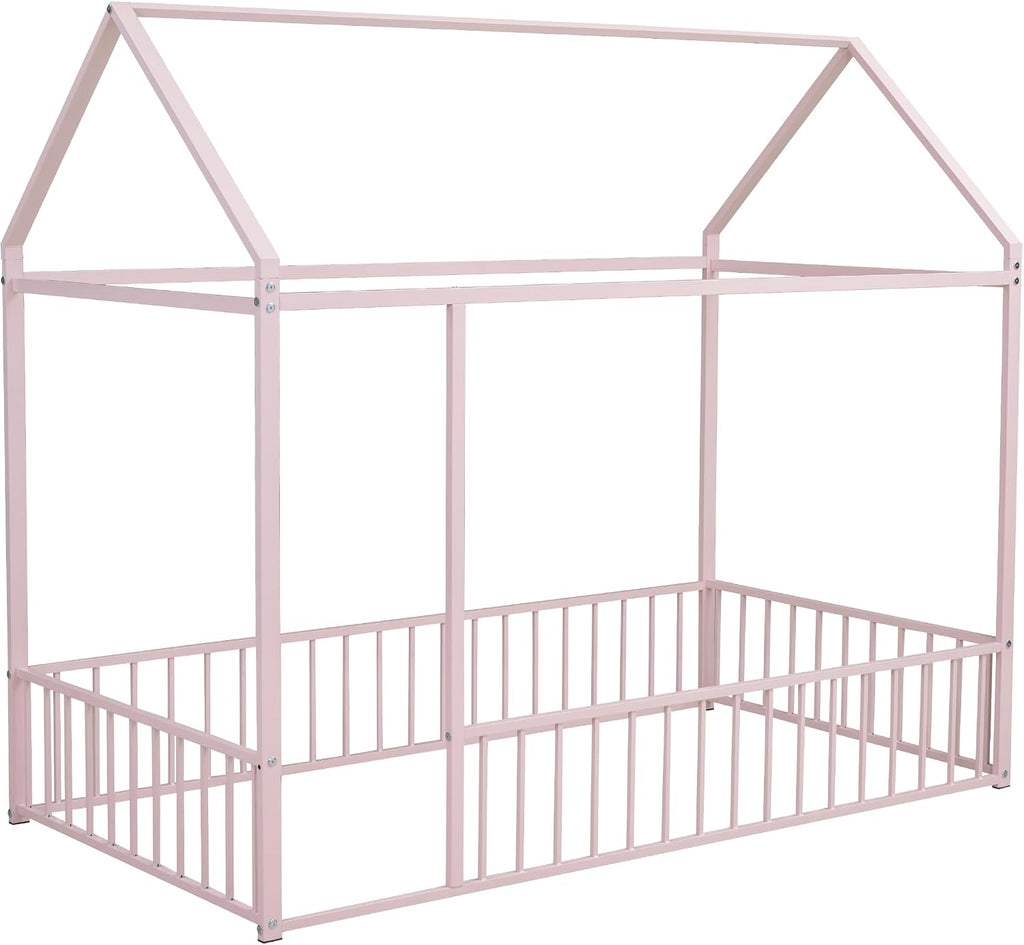 Bellemave Twin Size Montessori Floor Bed, Metal House Bed Frame, House Floor Bed for Kids, with Fence, Playhouse for Kids, Pink with roof