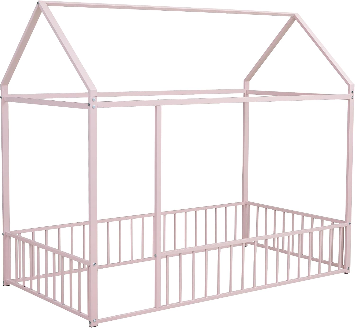 Bellemave Twin Size Montessori Floor Bed, Metal House Bed Frame, House Floor Bed for Kids, with Fence, Playhouse for Kids, Pink with roof