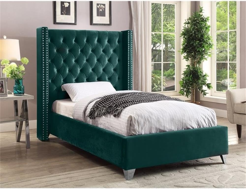 Meridian Furniture Aiden Collection Modern | Contemporary Velvet Upholstered Bed with Deep Button Tufting, Solid Wood Frame, and Custom Chrome Legs, Twin, Green