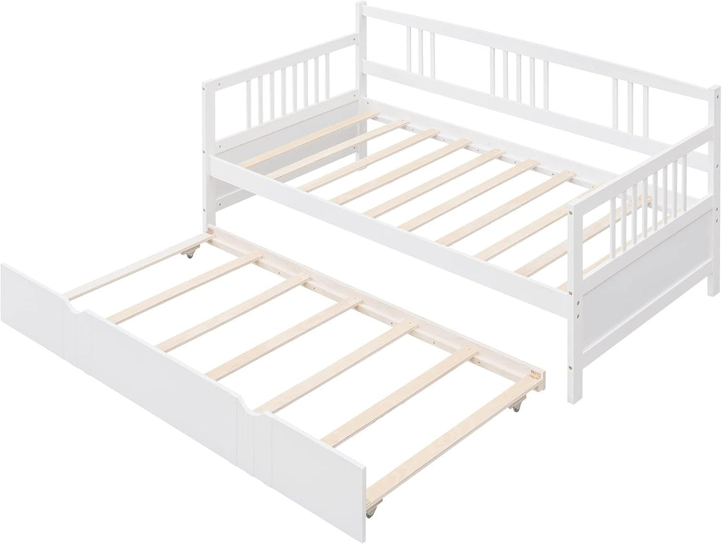 Merax Daybed with Trundle Bed Wooden Slats Support Modern Living Daybed with Rails, Twin Size, White