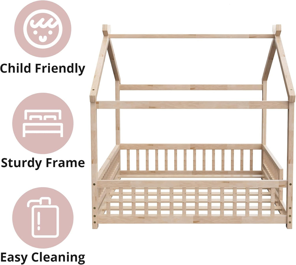 LLS Full Size House Bed with Fence, Wooden Montessori Bed with Slats Support, Floor Bed Frame for Boys Girls Bedroom, Natural