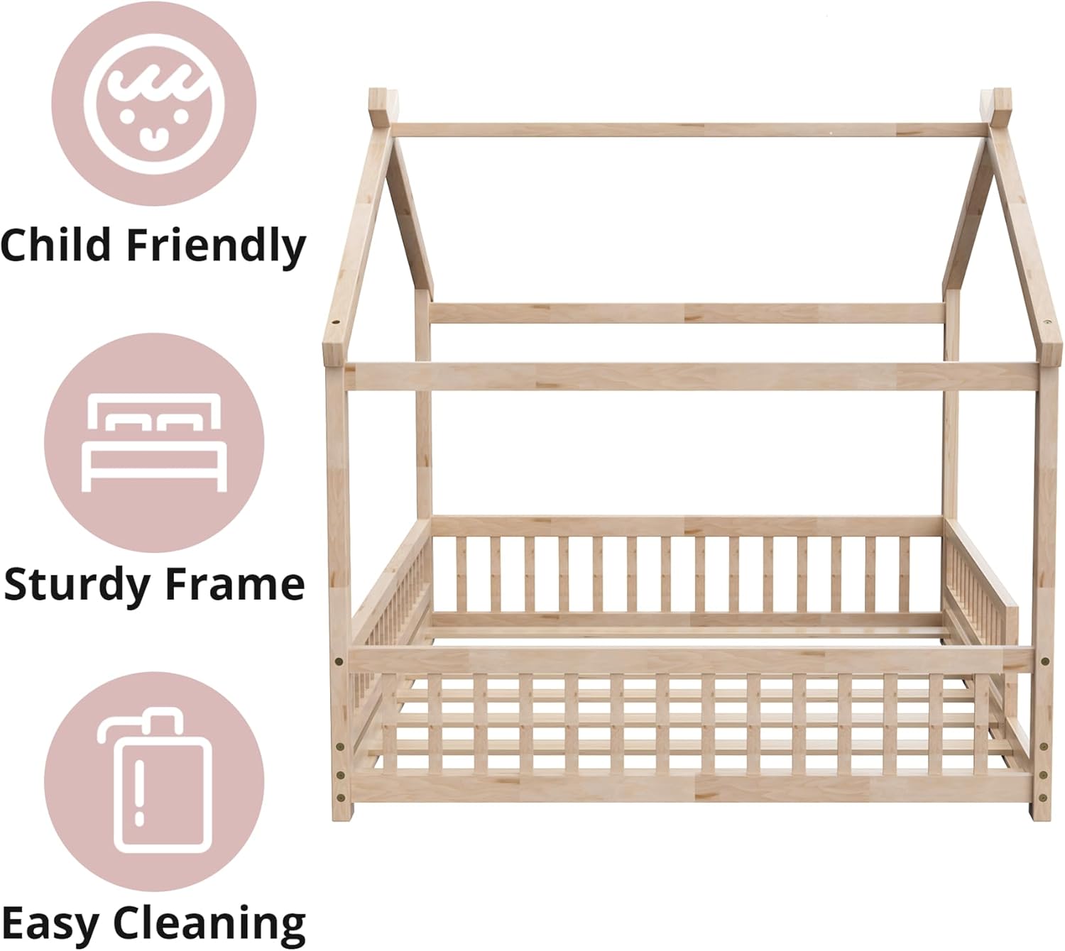 LLS Full Size House Bed with Fence, Wooden Montessori Bed with Slats Support, Floor Bed Frame for Boys Girls Bedroom, Natural