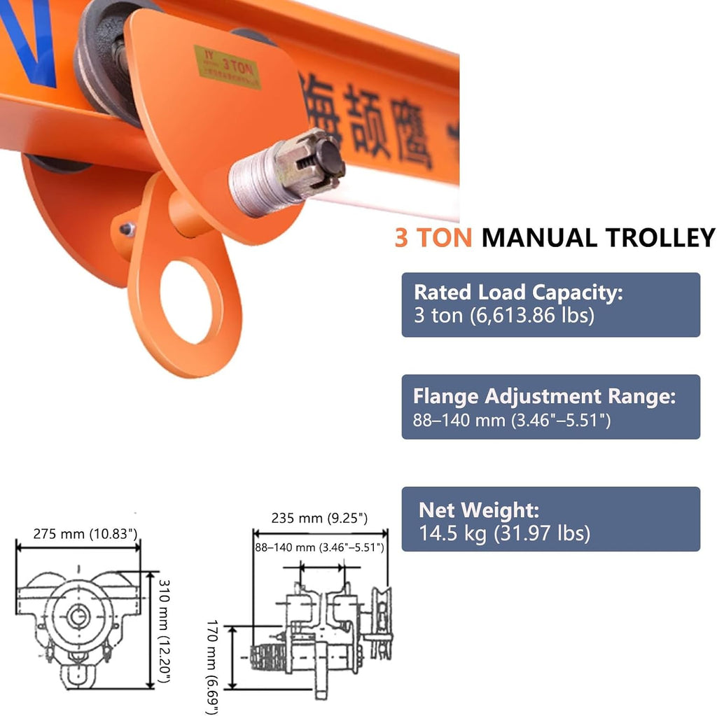 Push Beam Hand Truck,Steel Manual Hand Truck,1-3 Ton Capacity (2200-6600 Lbs), Adjustable Flange Width 2.5' To 5.5',Suitable For Straight And Curved I-Beams(3ton/6600lbs)