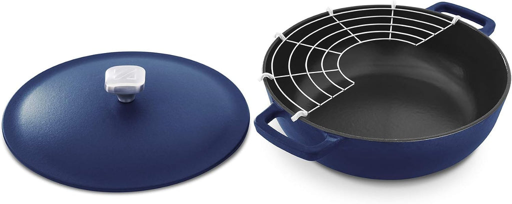 Zakarian x Dash Nonstick Cast Iron Braiser - Oven-Safe Pan with Cast Iron Lid - Features Titanium Ceramic Coating - Easy to Clean - Blue, 4.5-Quart
