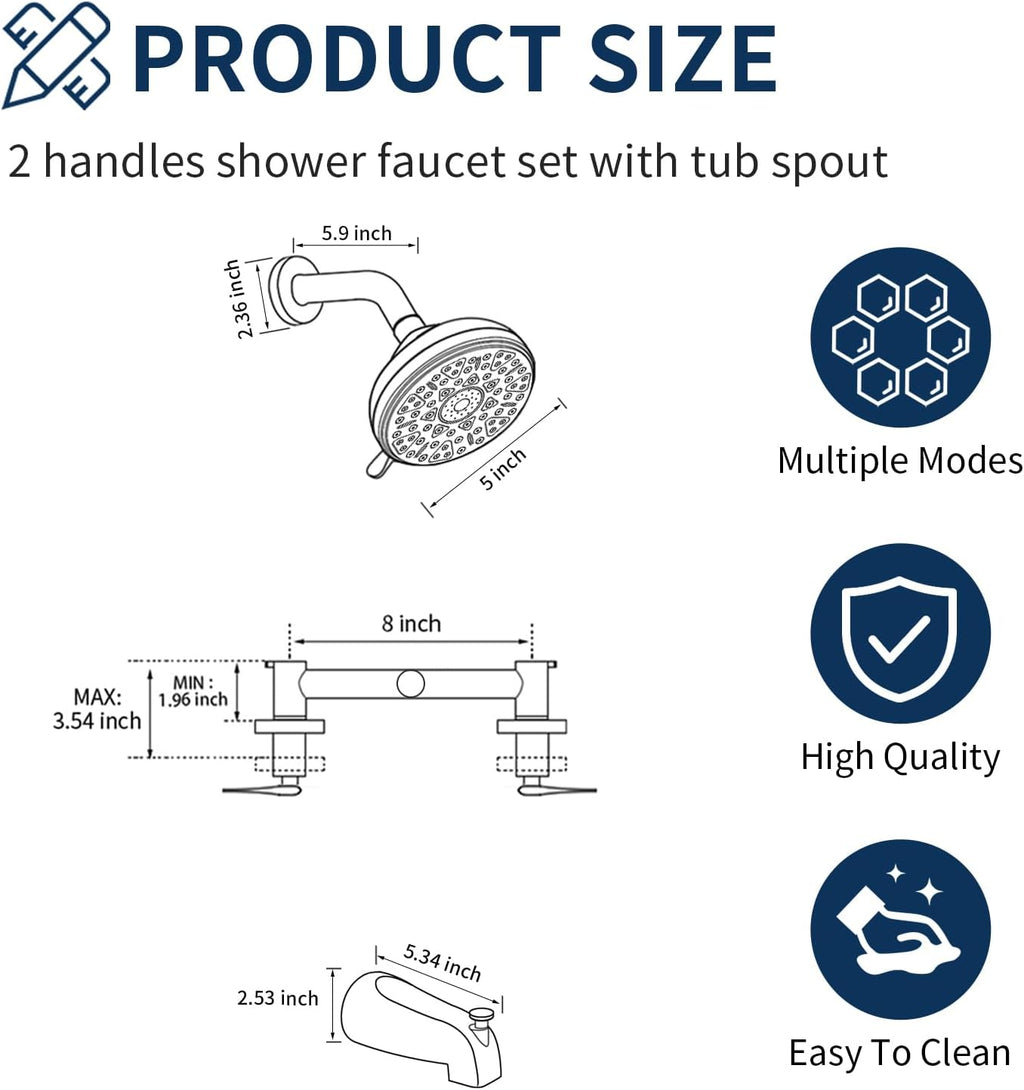 2 Handles Shower Faucet Set with Tub Spout Bathtub Shower Faucet Combo Set Shower System Complete Tub and Shower Trim Kit Wall Mounted Shower Fixtures Brushed Gold