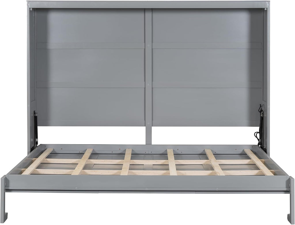 Harper & Bright Designs Queen Size Murphy Bed, Wooden Queen Murphy Wall Bed Frame with a Set of Sockets & USB Ports, Gray