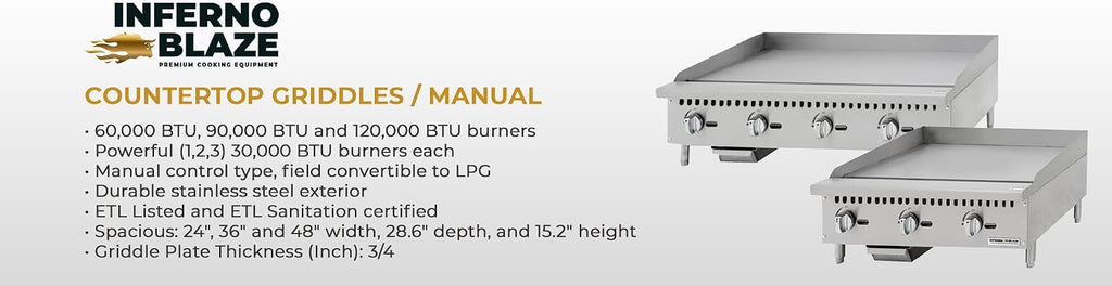 Inferno Blaze Premium IBP-CTG-48 48' Gas Countertop Griddle with Manual Controls 120,000 BTU, Silver - ETL Certified, Stainless Steel Flat Top Griddle - Perfect for Commercial Kitchens