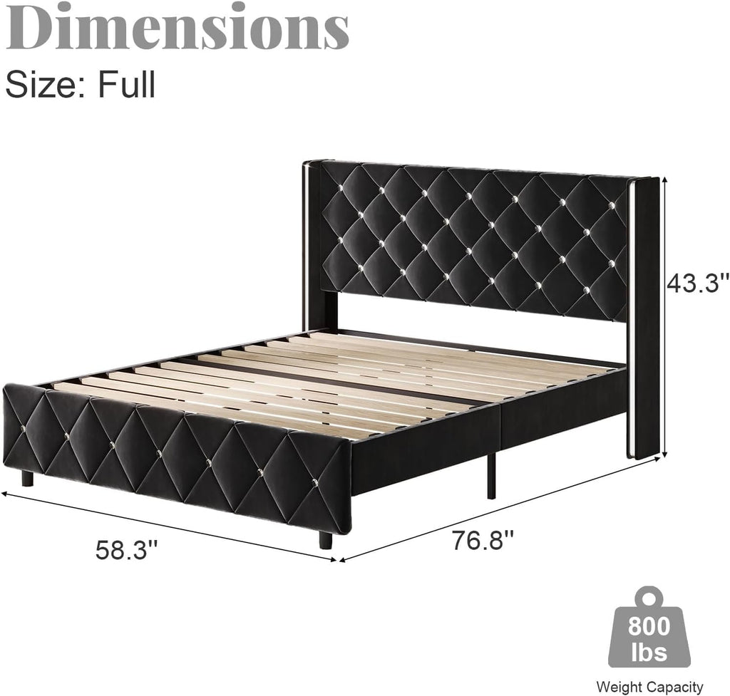 HOMBCK Full Size Bed Frame with Headboard, Velvet Upholstered Full Size Bed with Diamond Tufted Wingback Headboard, 800lbs Heavy Duty Support, Sliver Metal Edge Accents, No Box Spring Needed, Black
