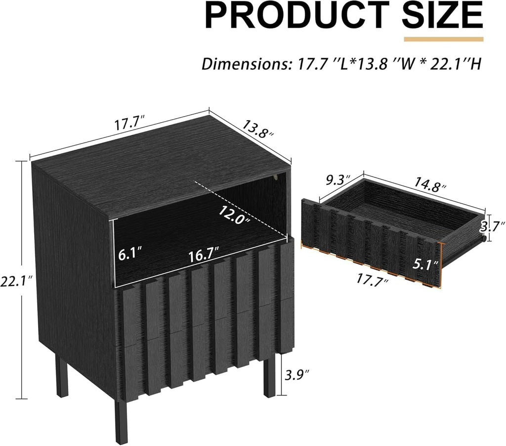 UEV 3 Piece Dresser and Nightstand Sets for Bedroom, 47' Wide 6 Drawer Dresser & Nightstand Set of 2, Mid Century Modern Fluted Wooden Dressers Set, Bedroom Furniture Set (Black)