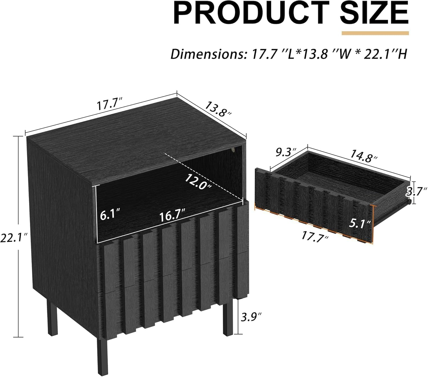 UEV 3 Piece Dresser and Nightstand Sets for Bedroom, 47' Wide 6 Drawer Dresser & Nightstand Set of 2, Mid Century Modern Fluted Wooden Dressers Set, Bedroom Furniture Set (Black)