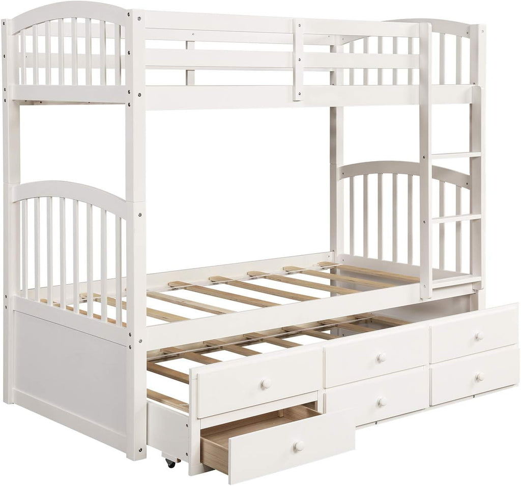 Harper & Bright Designs Twin Over Twin Bunk Bed with Trundle and Storage, Solid Wood Bunk Bed Frame with 3 Drawers for Kids, Teens, Adults (White)