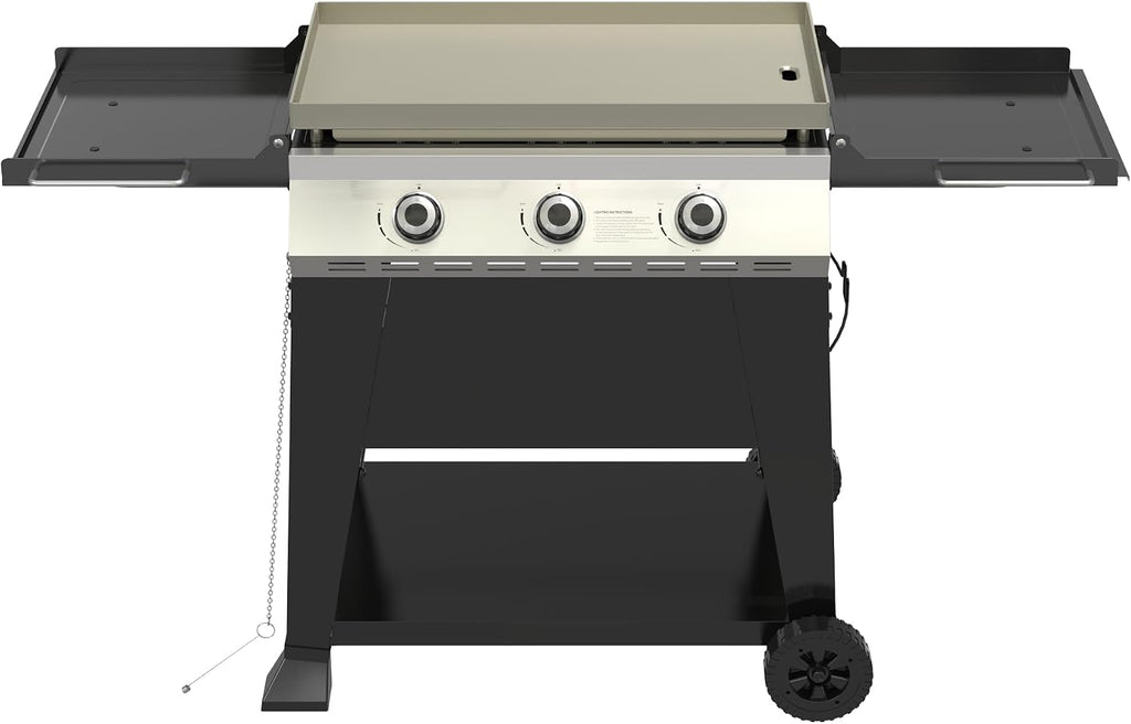 3 Burner Propane Grill with Rainproof Cover 28inch Outdoor Flat Top Griddle Foldable Side Table for Backyards Barbecue