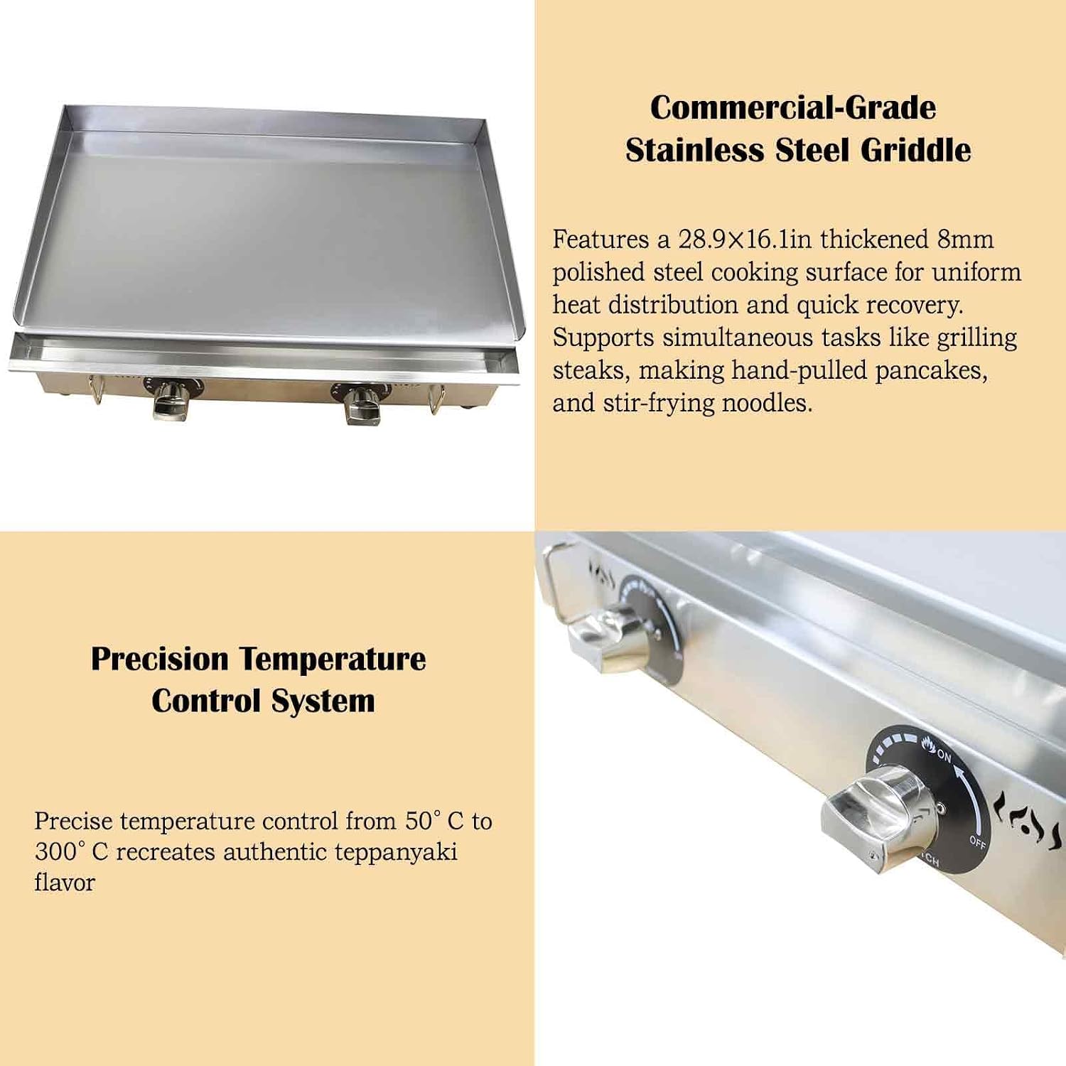 Commercial Stainless Steel LPG Gas Griddle Grill, 28.9' x 16.1' Flat Top Countertop Griddle for Steak, Pancakes & Teppanyaki, 2800Pa, Home & Outdoor Use