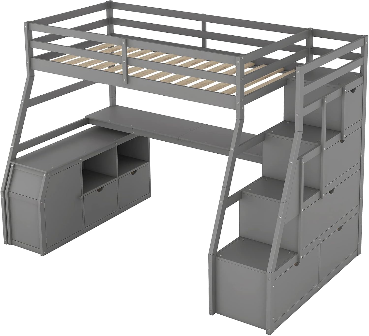 Bellemave Twin Size Loft Bed with Stairs and Desk, Wood Loft Beds with Cabinet and 7 Drawers, High Loft Bed Frame with Shelves and Step for Kids, Teen, Boys, Girls, Grey